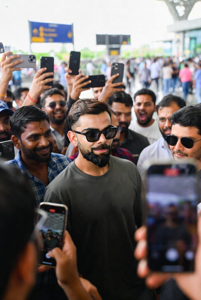 Virat Kohli surrounded by fans at an airport as supporters record his arrival on their phones, highlighting his immense popularity and stardom.