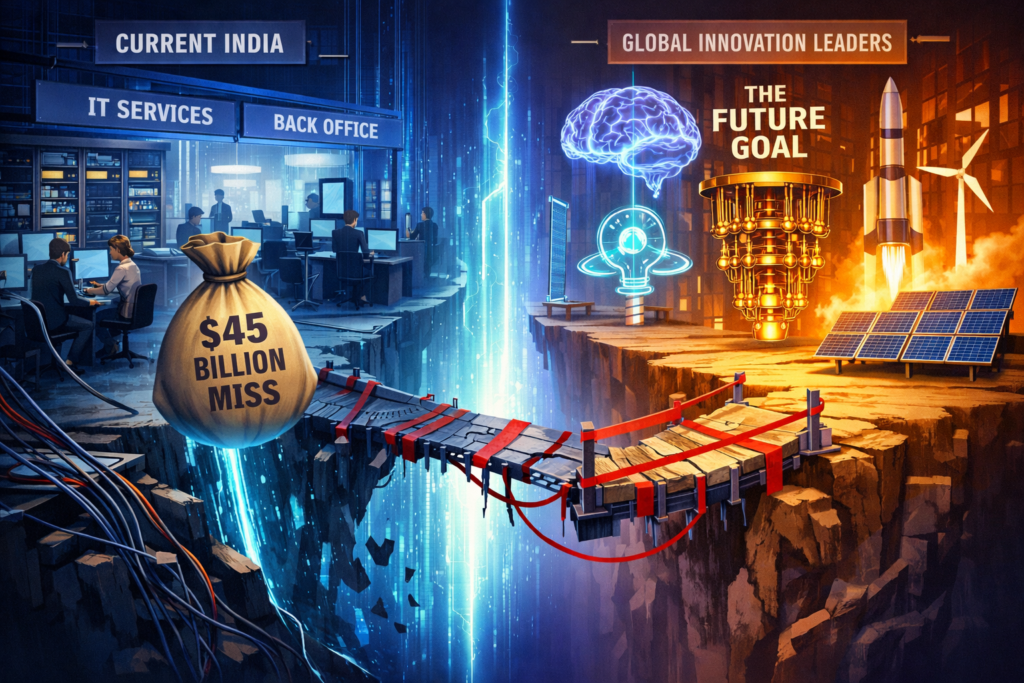 Illustration representing India Future Technologies, showing innovation gaps in AI, quantum computing, clean energy, and R&D investment compared to global leaders.