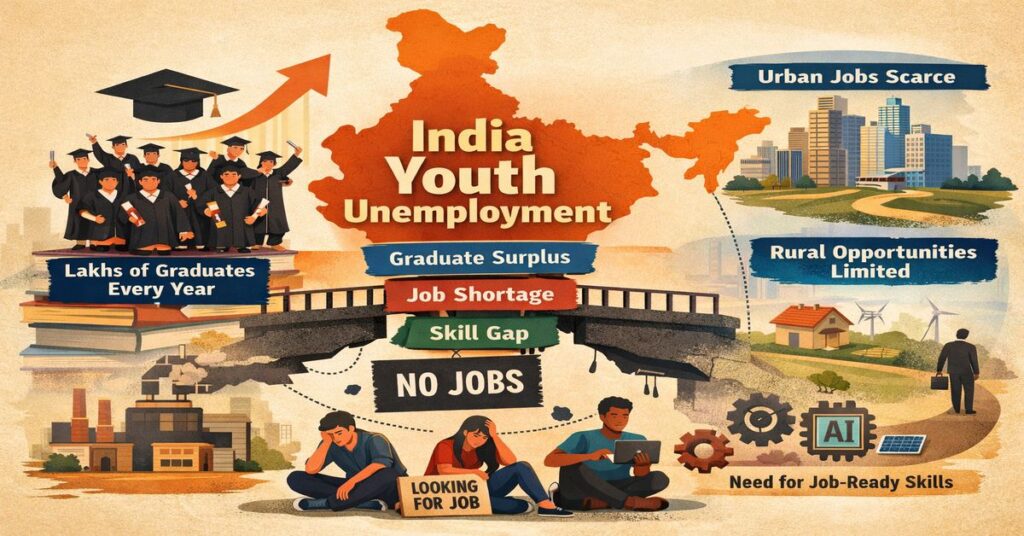 Visual illustration of India Youth Unemployment showing graduate surplus, job shortages, and skill gaps across India.