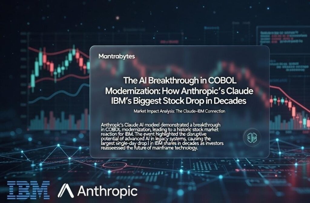 A digital graphic showing a stock market candlestick chart with a downward trend and text overlay discussing Anthropic's Claude AI impact on IBM’s COBOL modernization and stock price.