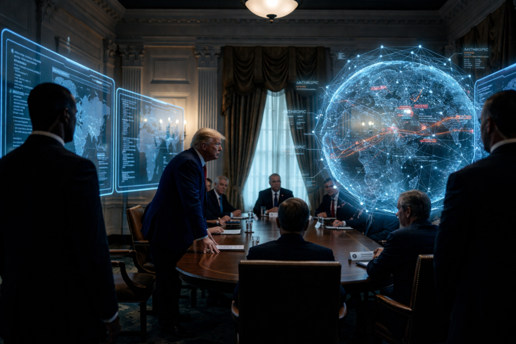 A cinematic 16:9 news-style image of a darkened White House briefing room where a silhouette of Donald Trump stands before a large, glowing blue holographic AI sphere labeled "Anthropic."