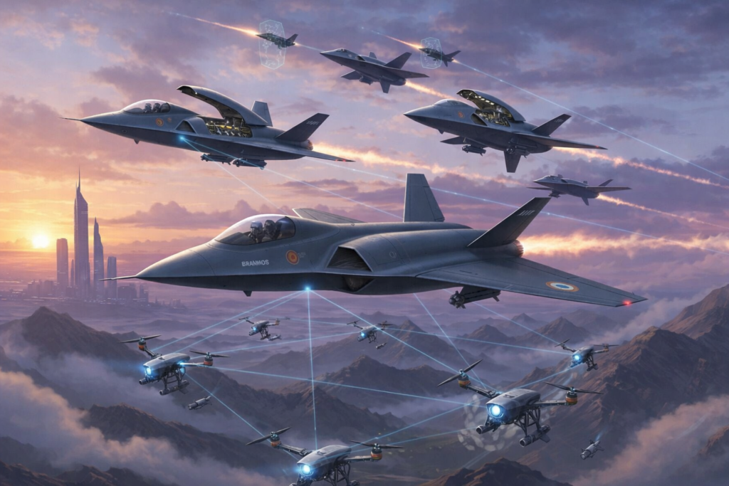 Concept art of a futuristic Indian stealth fighter jet acting as a command hub for a swarm of smaller drones over a mountainous landscape at sunset.