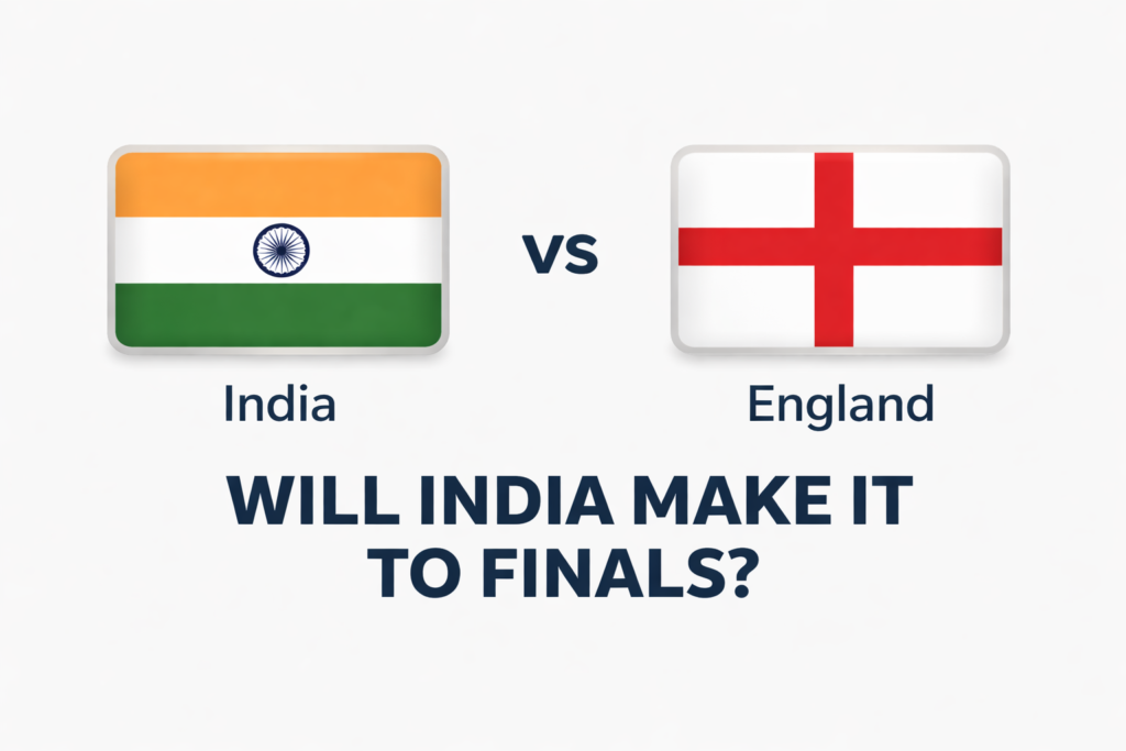 Graphic showing India vs England flags with the text "Will India Make It To Finals?" for the T20 World Cup.