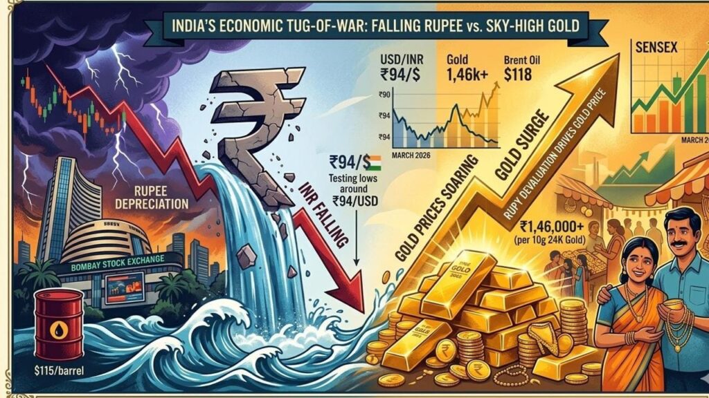 India economic crisis illustration showing falling rupee, rising gold prices, Sensex growth and oil price impact