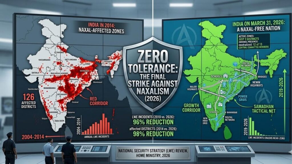 India Naxal-affected districts comparison 2014 vs 2026 showing drastic reduction and near elimination of left-wing extremism