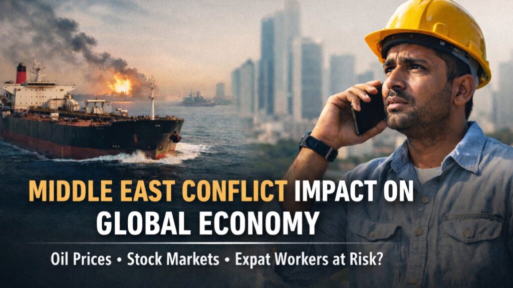A graphic titled "Middle East Conflict Impact on Global Economy" featuring a burning oil tanker at sea and a worried worker in a hard hat talking on a cell phone.