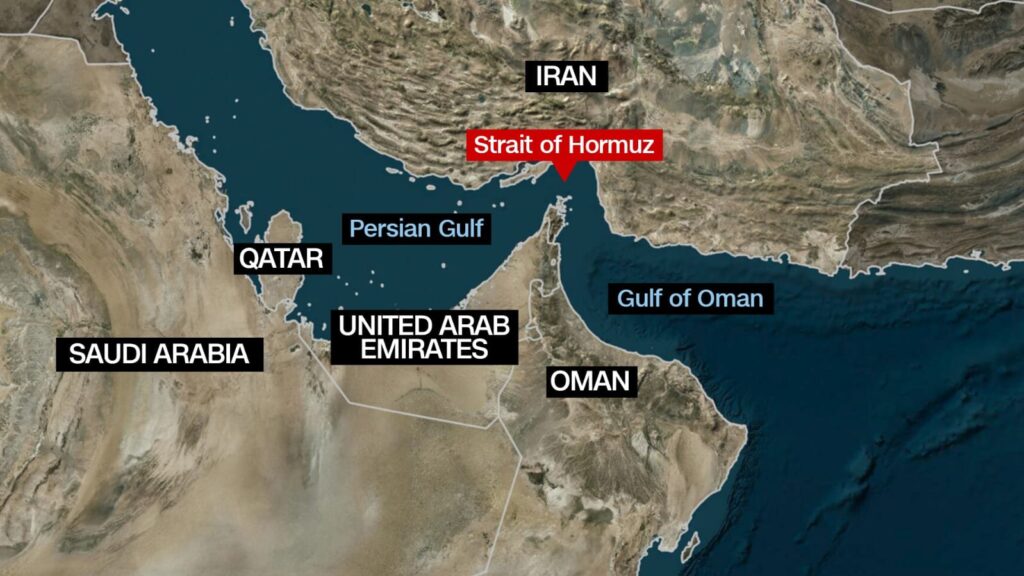 Map of the Strait of Hormuz between Iran and Oman showing the Persian Gulf, Gulf of Oman, and major oil shipping route affected by the 2026 conflict