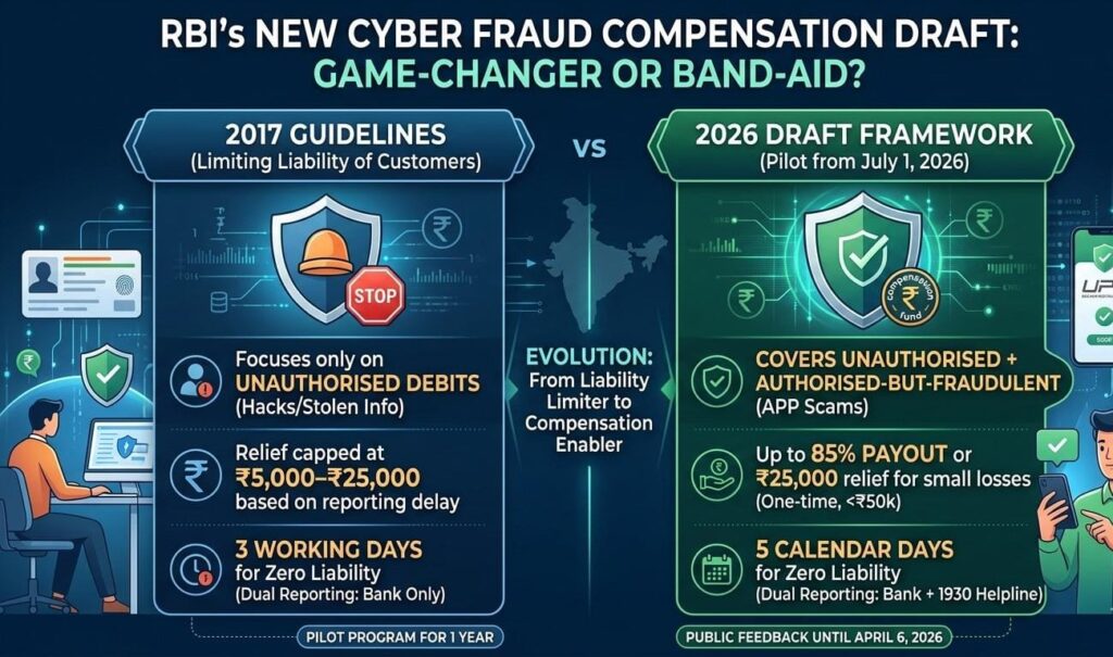 A digital graphic showing a shield protecting a smartphone with a UPI logo, representing the RBI 2026 fraud protection framework.