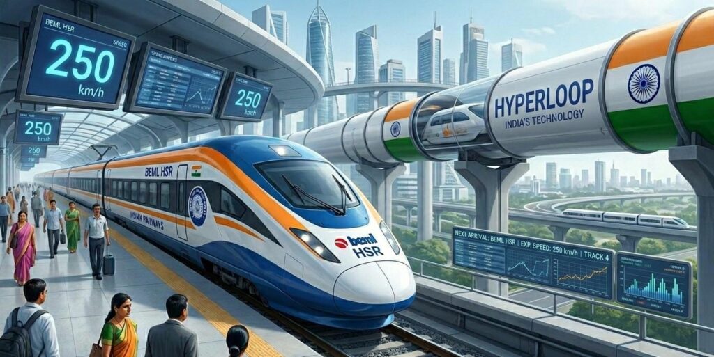 Futuristic Indian high-speed rail and Hyperloop station featuring a BEML HSR train and a vacuum tube transport system with the Indian tricolor.