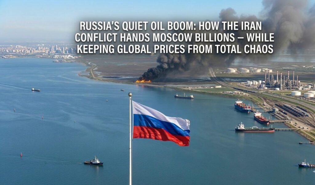 A high-angle view of a coastal oil refinery with black smoke rising from a fire in the background and the Russian flag waving in the foreground.