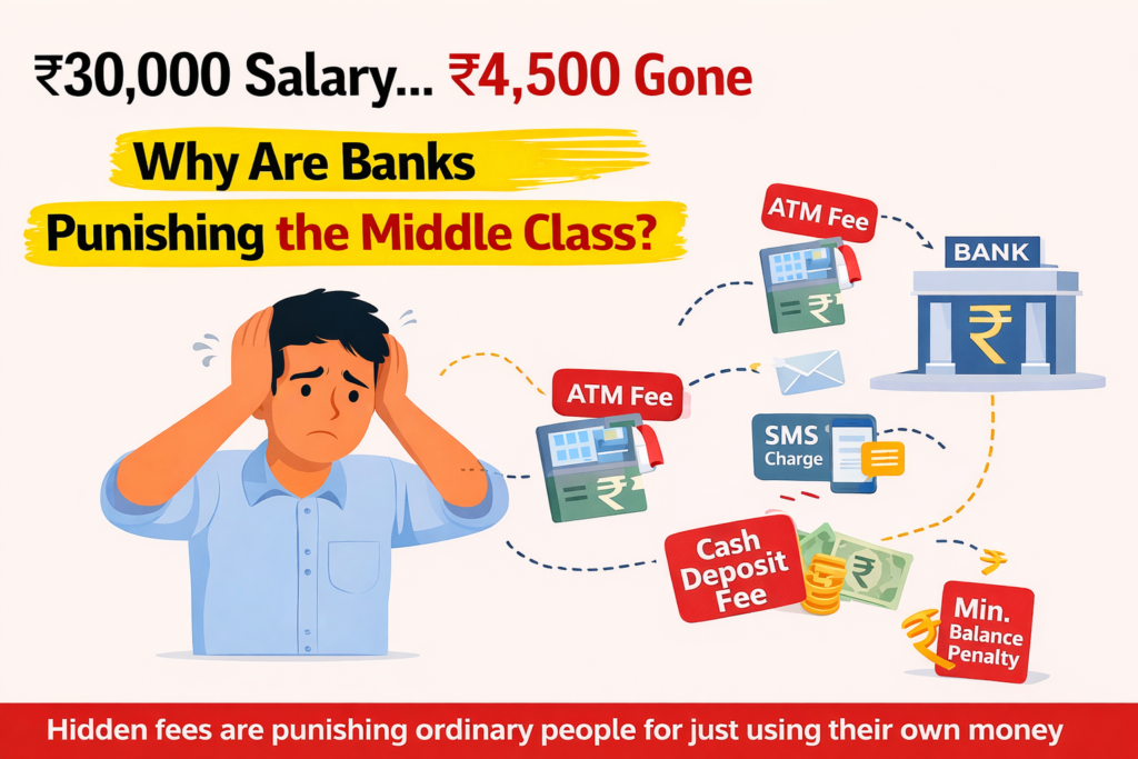 Hidden bank charges in India illustration showing middle class struggling with ATM fees, SMS charges, and minimum balance penalties