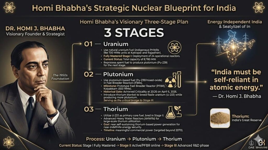 Infographic explaining Homi Bhabha’s three-stage nuclear energy program for India including uranium, plutonium, and thorium