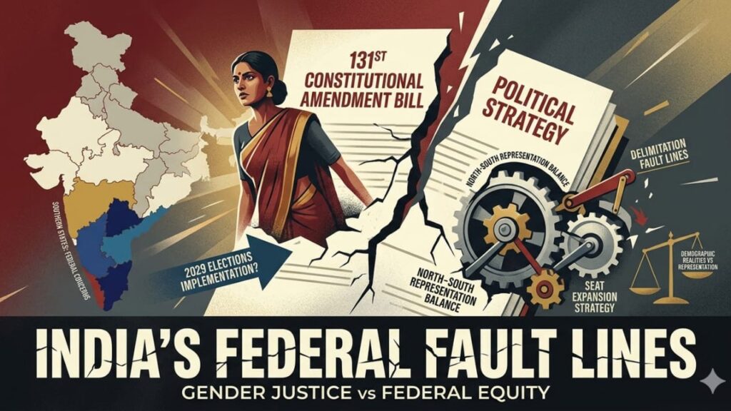 Infographic on India’s federal political tensions showing constitutional amendment debate and representation balance issues