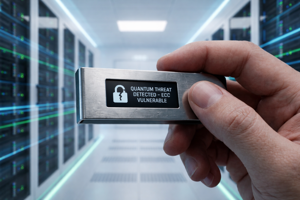 Quantum security device showing “Quantum Threat Detected – ECC Vulnerable” in a modern data center server room