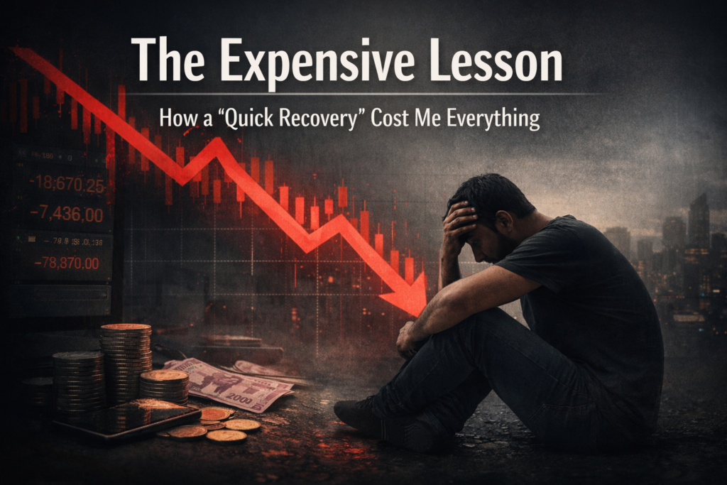 Man sitting stressed with falling stock market chart showing trading losses and financial setback