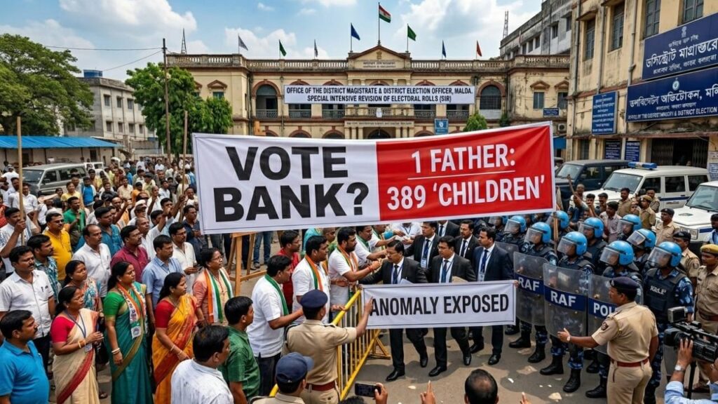 Political protest outside district magistrate office in India with banners highlighting voter fraud and anomaly exposure