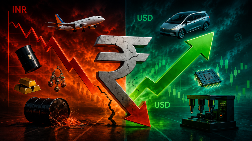 Indian rupee value decline versus US dollar growth illustrated with oil barrels, gold, semiconductors, automobiles, and global trade symbols