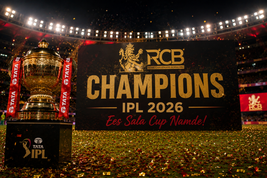 RCB IPL 2026 title celebration trophy in a packed stadium with confetti and lights after winning their second IPL title