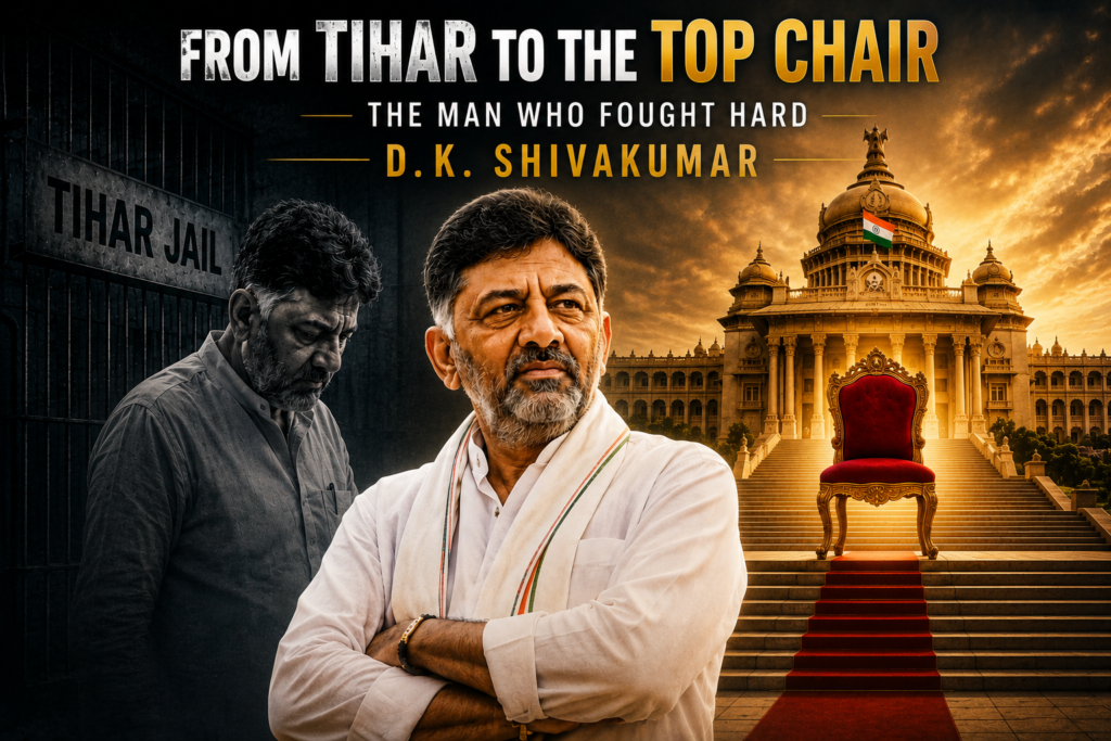 Political journey of D. K. Shivakumar depicted from imprisonment in Tihar Jail to leadership aspirations at the Karnataka state seat of power.