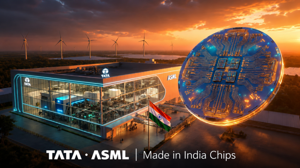 Futuristic Tata and ASML semiconductor manufacturing facility in India with advanced microchip illustration and renewable energy background