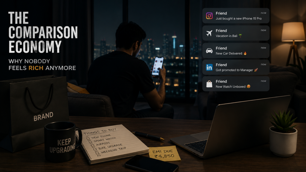 Man sitting alone at night comparing his life on social media while surrounded by luxury aspirations, EMI pressure, and consumer culture
