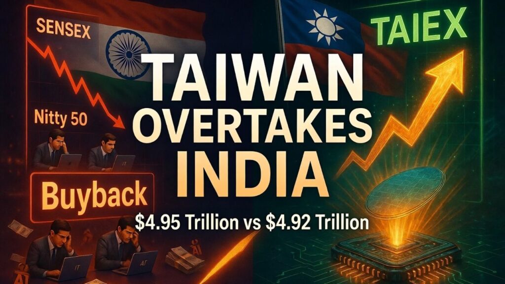Illustration showing Taiwan overtaking India in stock market valuation with semiconductor growth, TAIEX surge, and Indian market decline visuals
