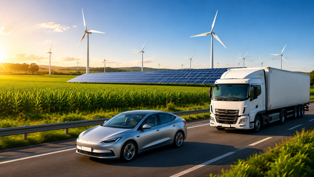 Electric car and freight truck driving beside solar panels and wind turbines, representing sustainable transportation, renewable energy integration, and India’s clean mobility future.
