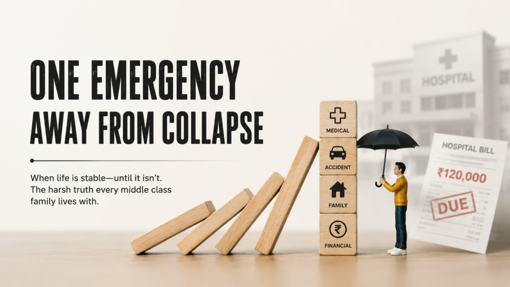 Middle-class family financial vulnerability illustrated through falling dominoes, medical emergencies, hospital bills, and the need for financial protection.