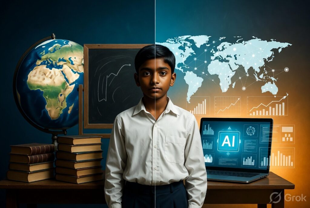 School student standing between traditional education tools and AI-powered digital technology, illustrating the transition from conventional learning to the future of education.
