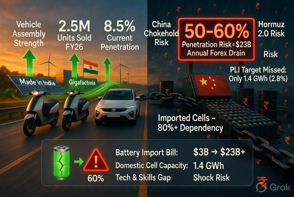 Infographic showing India’s electric vehicle growth ambitions alongside risks from battery import dependency, Chinese supply chain dominance, and energy security challenges.