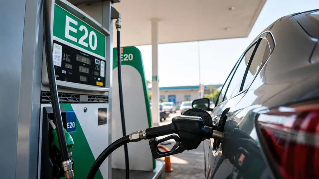 Car being refueled with E20 ethanol-blended petrol at a fuel station in India, highlighting cleaner fuel adoption, flex-fuel compatibility, and sustainable transportation.