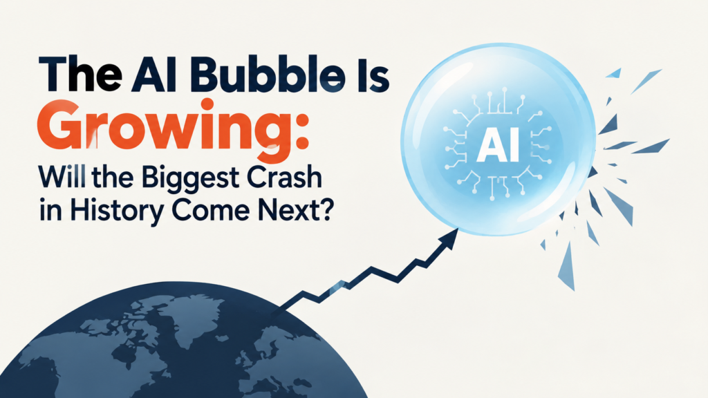 Minimalist illustration of a growing AI bubble, rising stock market graph, and global financial crash risk, highlighting concerns about an artificial intelligence investment bubble.