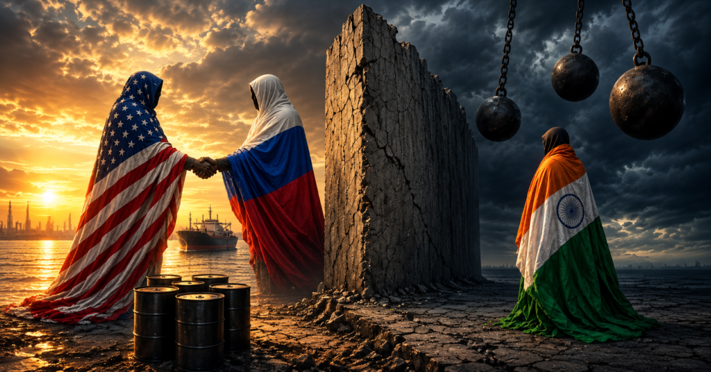 Symbolic illustration of US and Russian figures shaking hands across a divided harbor, while an Indian flag-draped figure stands beneath suspended wrecking balls, representing geopolitical tensions and global economic uncertainty.