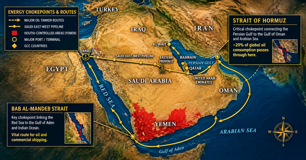 Geopolitical map showing Middle East energy chokepoints, including the Strait of Hormuz, Bab al-Mandeb Strait, Saudi East-West crude oil pipeline, and major maritime shipping lanes.