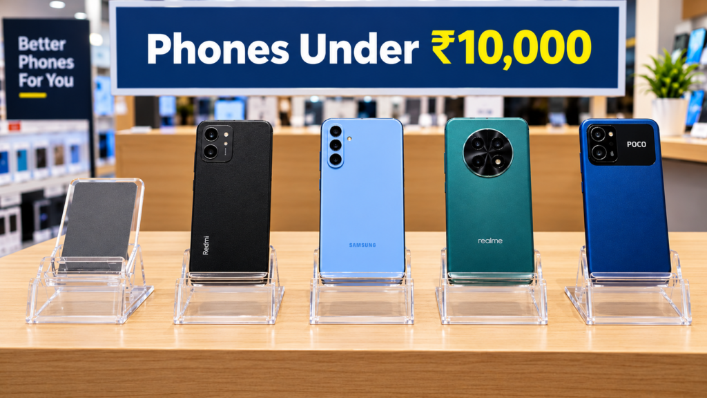 A smartphone shop display with the cheapest slot empty, illustrating the disappearance of sub-₹10,000 phones in India
