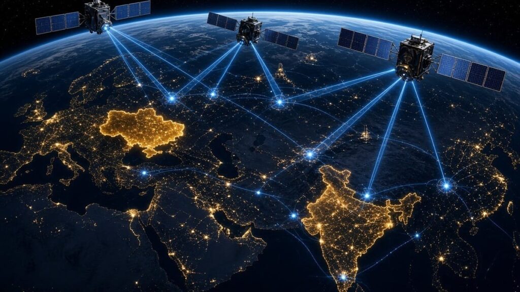 Satellites connect India and Europe through a global communication network above Earth at night, highlighting satellite sovereignty and national security.