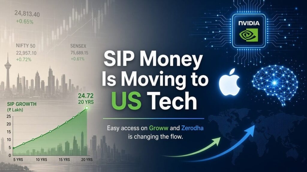 Indian SIP investment trends and US technology stocks featuring Nvidia, Apple, stock market growth charts, and rising investment flows.